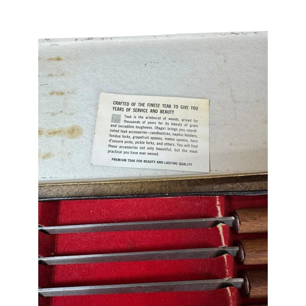 Vintage MCM Stainless Steel Fondue Forks Set of 6 Teak Wood Handles In Box